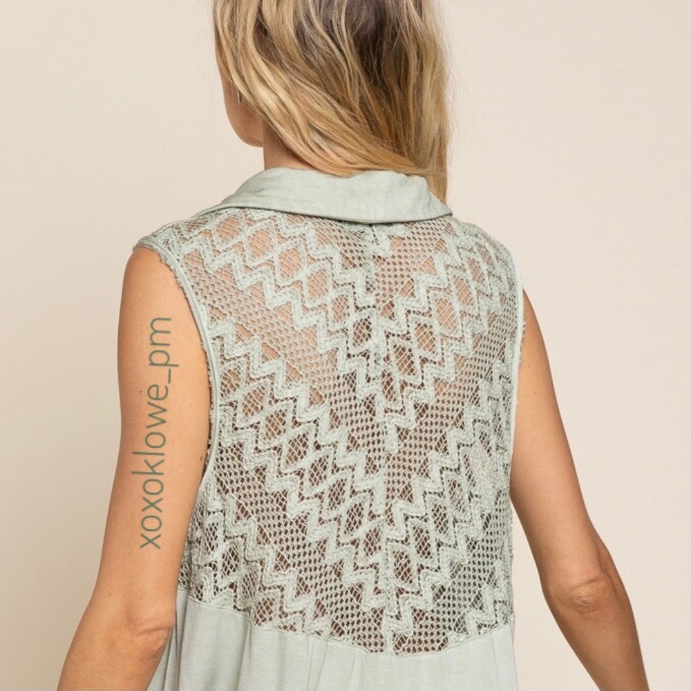POL Green Pintuck Lace Button Down Top Sleeveless Relaxed Fit - Picture 5 of 11